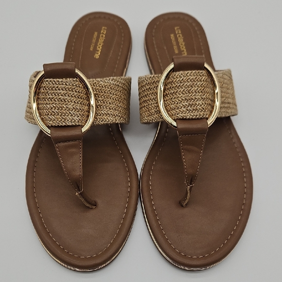 Liz Claiborne Shoes - Liz Claiborne Brown Straw Thong Sandals with Gold Ring Detail